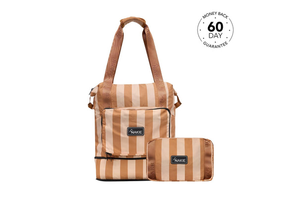 Tan and cream striped recycled tote bag with matching pouch, leather handles, and Nakie logo patch