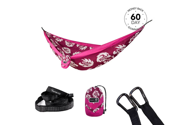 Pink and burgundy patterned recycled hammock with matching stuff sack and black carabiners included.