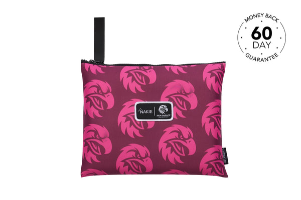 Magenta and burgundy Sea Eagles print pouch with black handle and brand label, front view