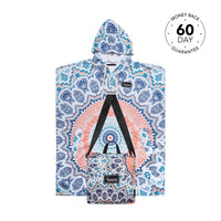 Blue and coral geometric patterned hooded towel with black straps and Nakie branding labels.