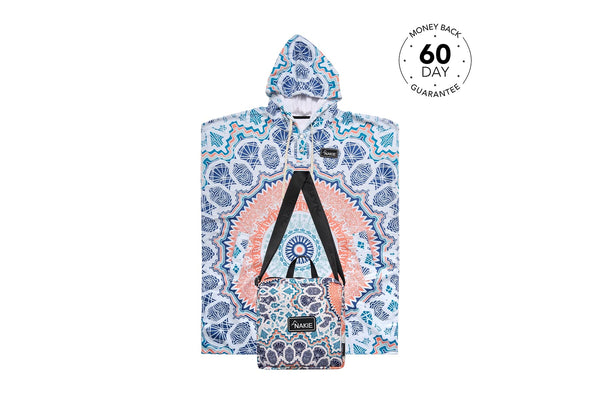 Blue and coral geometric patterned hooded towel with black straps and Nakie branding labels.