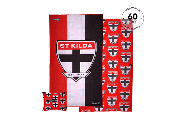 St Kilda Saints AFL beach towel in red, black and white stripes with club crest and logo, displayed with matching cushion and