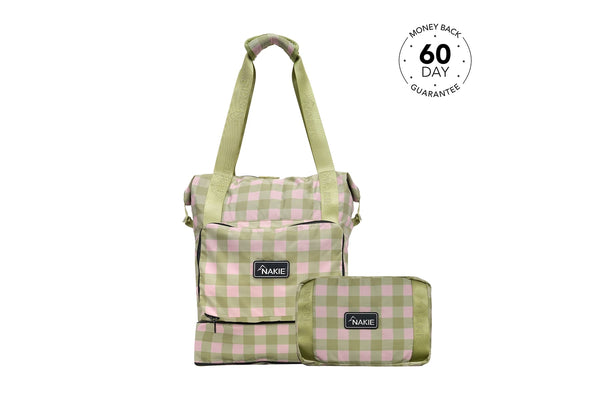 Sage green and pink gingham tote bag with detachable pouch, featuring dual handles and NAKIE branding