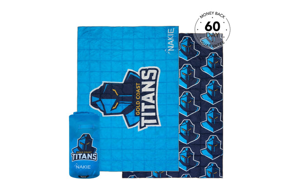 Gold Coast Titans blue and navy quilted puffy blanket with matching blue stuff sack
