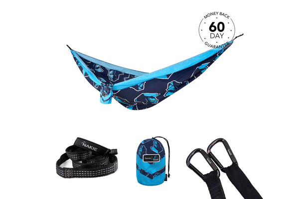 Navy and blue patterned hammock with sky blue straps, includes black carabiners and matching stuff sack.