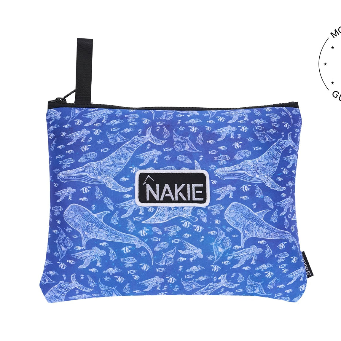 Blue recycled beach towel with white marine life print, black carry handle, and NAKIE logo patch