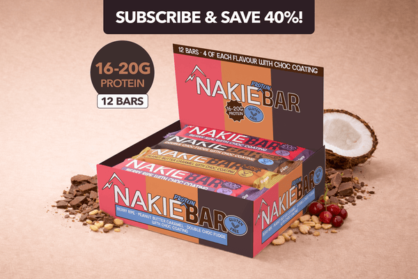 Nakie Protein Bar 12-bar variety box with chocolate coating, 16-20g protein per bar, multiple flavors displayed